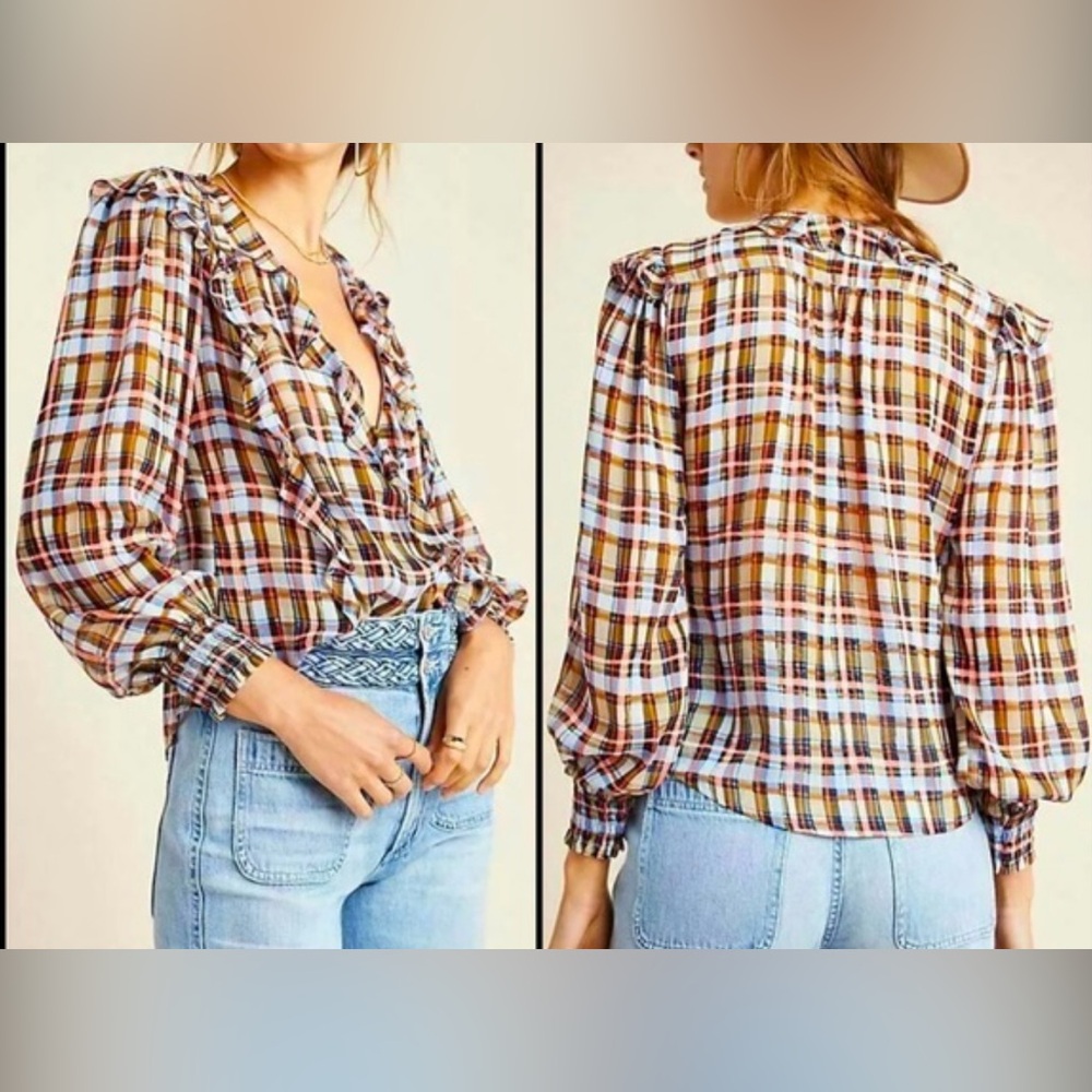 Maeve by Anthropologie Laila Long-Sleeve Plaid Ruffle Blouse Sheer Viscose Sz 4